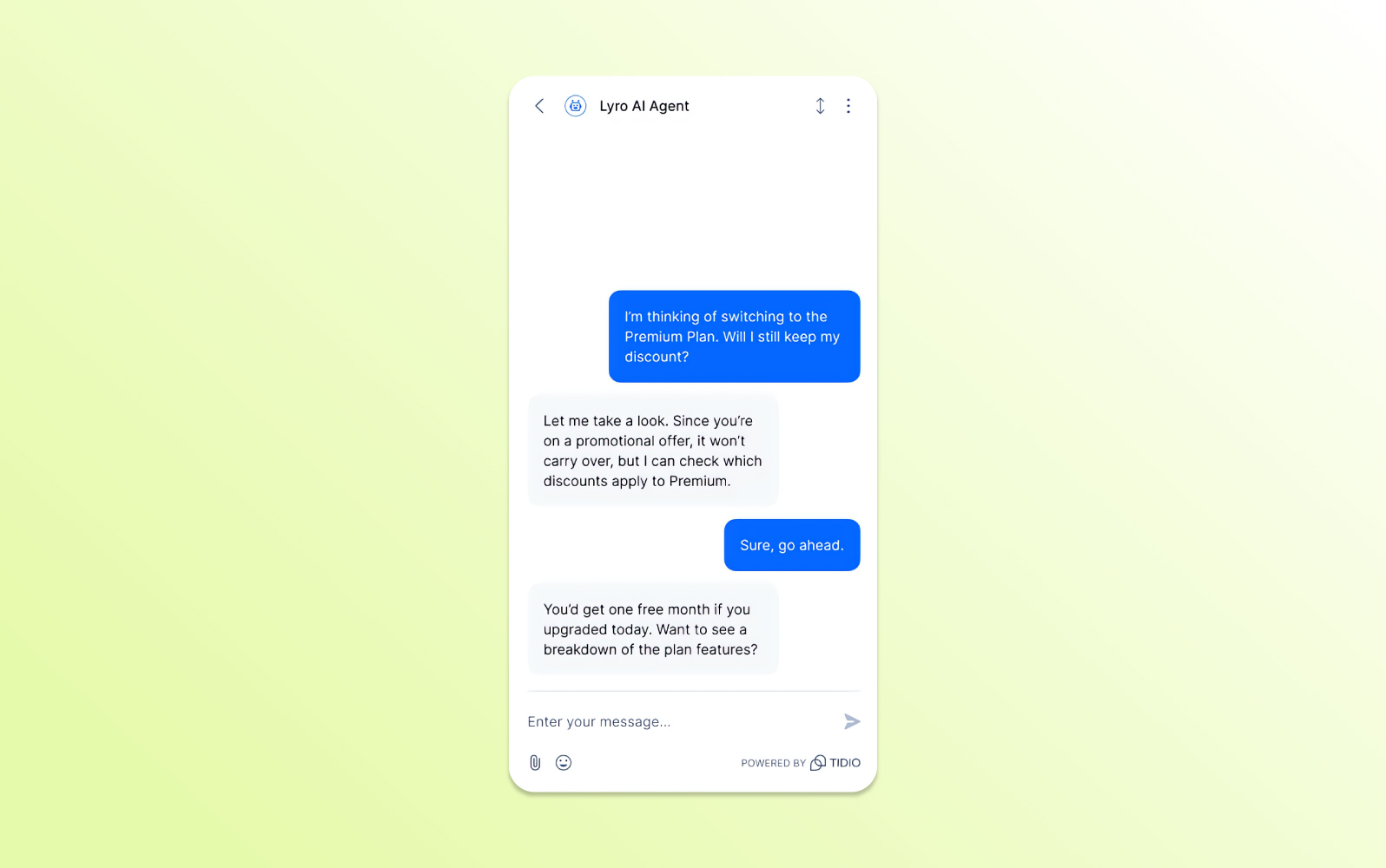 A Tidio chatbot API in a mobile chat assists a customer with a premium plan, using automation to guide the conversation.